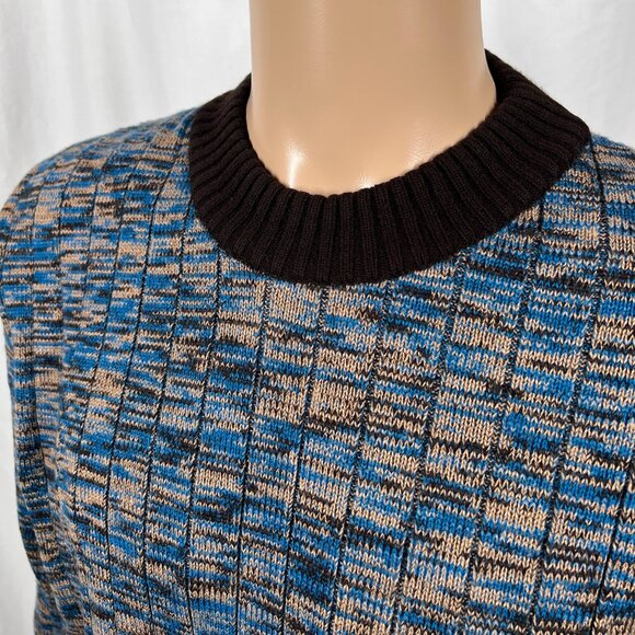 Vintage 80s Kmart Men's Large Blue Brown Marled Ribbed Knit Crew Neck Sweater - Picture 2 of 8